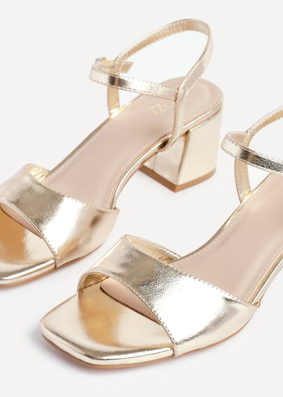 Linzi Darlene Gold Faux Leather Low Block Heeled Sandals