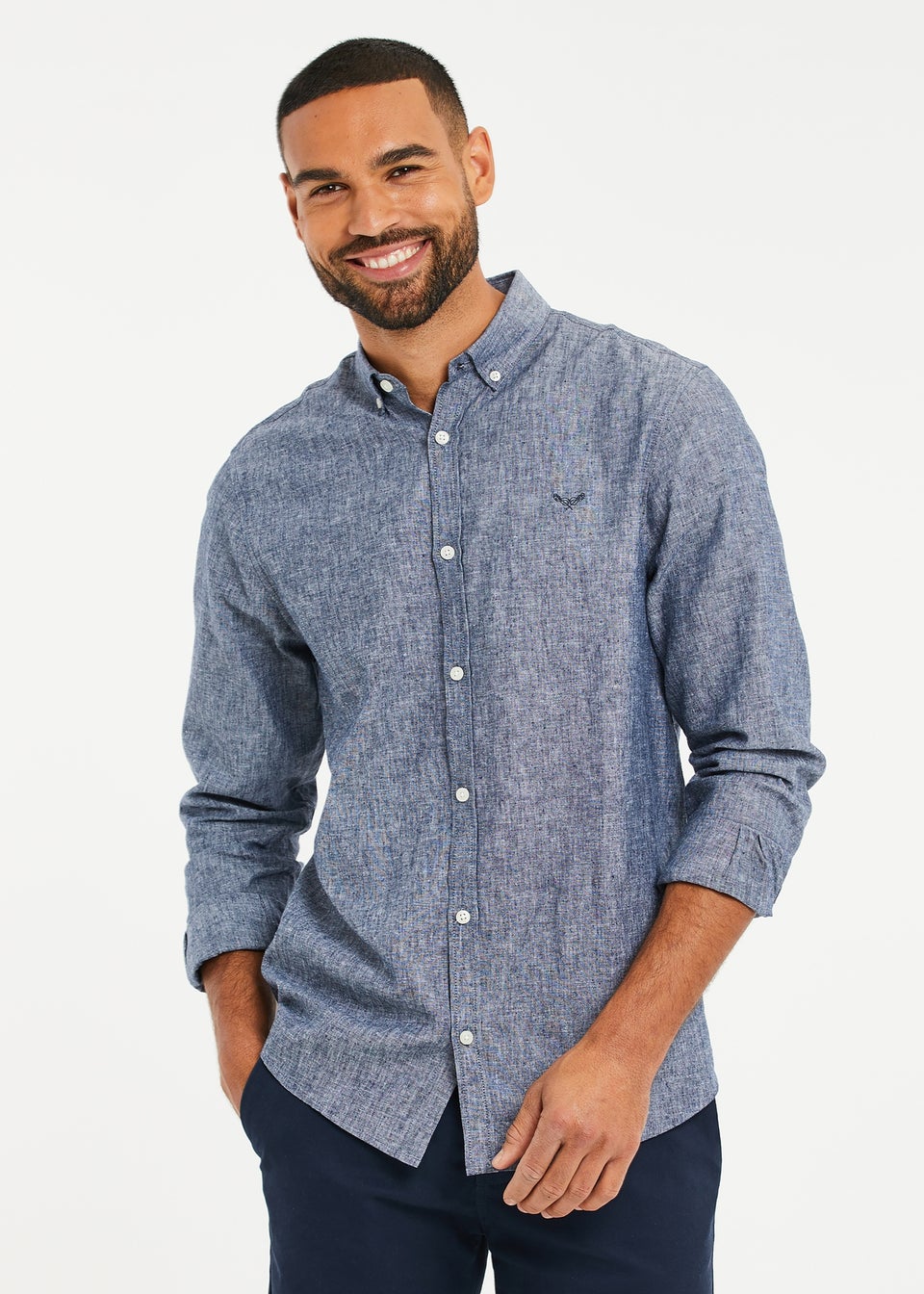 Threadbare Blue Slim Fit Linen Blend Long Sleeve Shirt