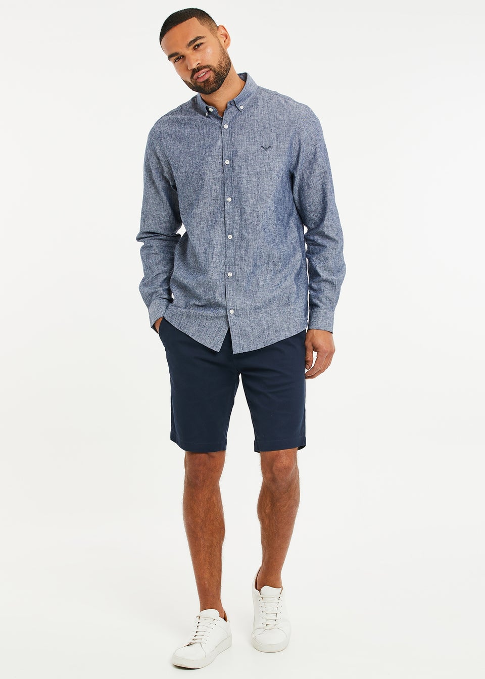 Threadbare Blue Slim Fit Linen Blend Long Sleeve Shirt
