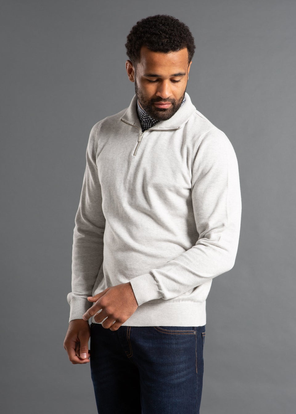 Kensington Eastside Light Grey Mock Checked Shirt 1/4 Zip Jumper