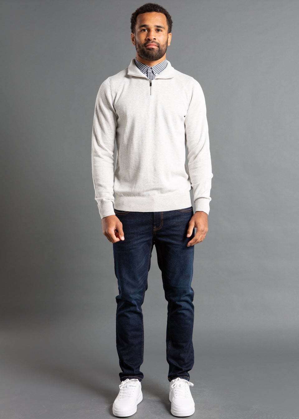 Kensington Eastside Light Grey Mock Checked Shirt 1/4 Zip Jumper