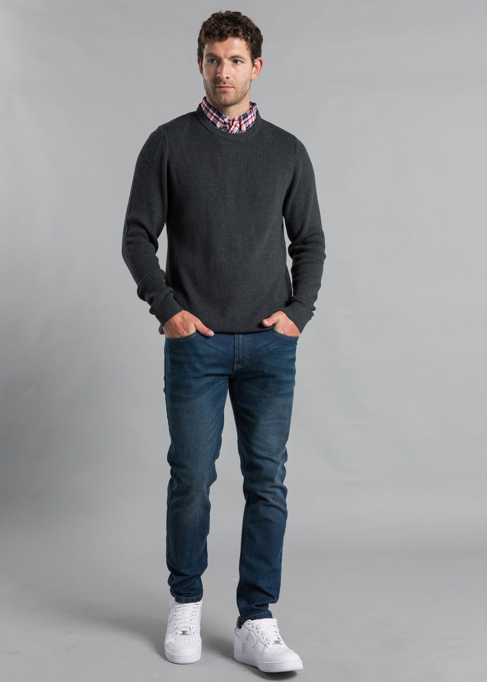 Kensington Eastside Charcoal Mock Checked Shirt Crew Neck Jumper