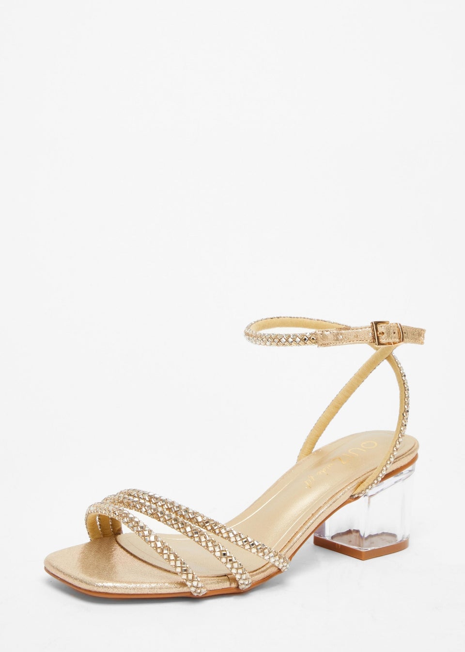 Quiz Gold Wide Fit Diamante Low Heeled Sandal