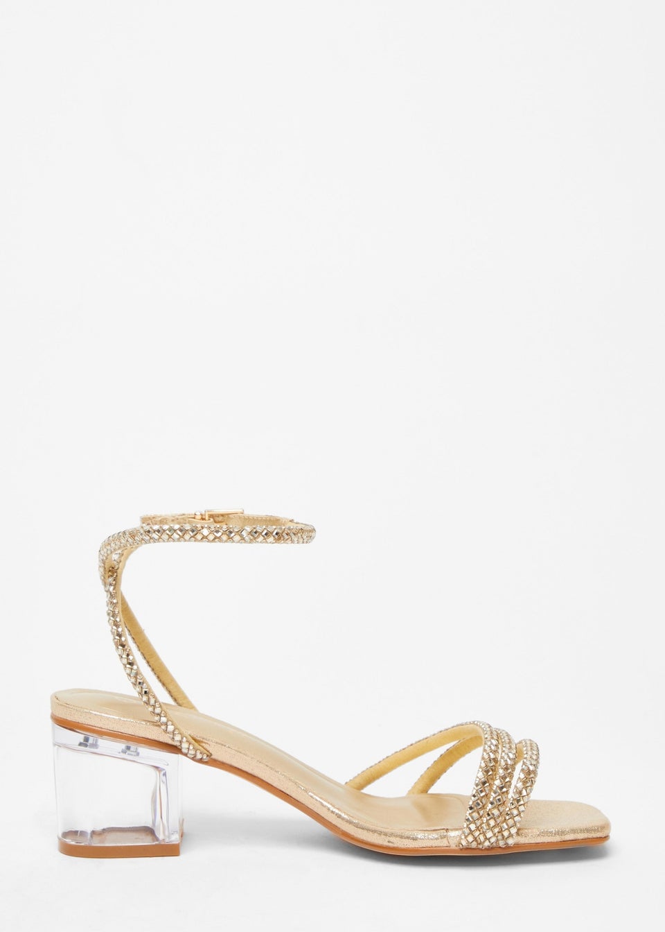 Quiz Gold Wide Fit Diamante Low Heeled Sandal