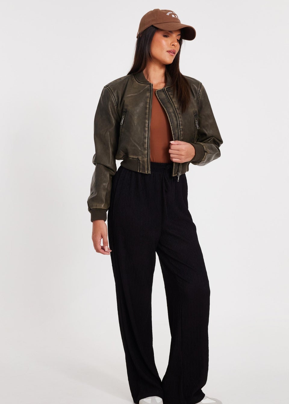 Quiz Khaki Faux Leather Bomber Jacket