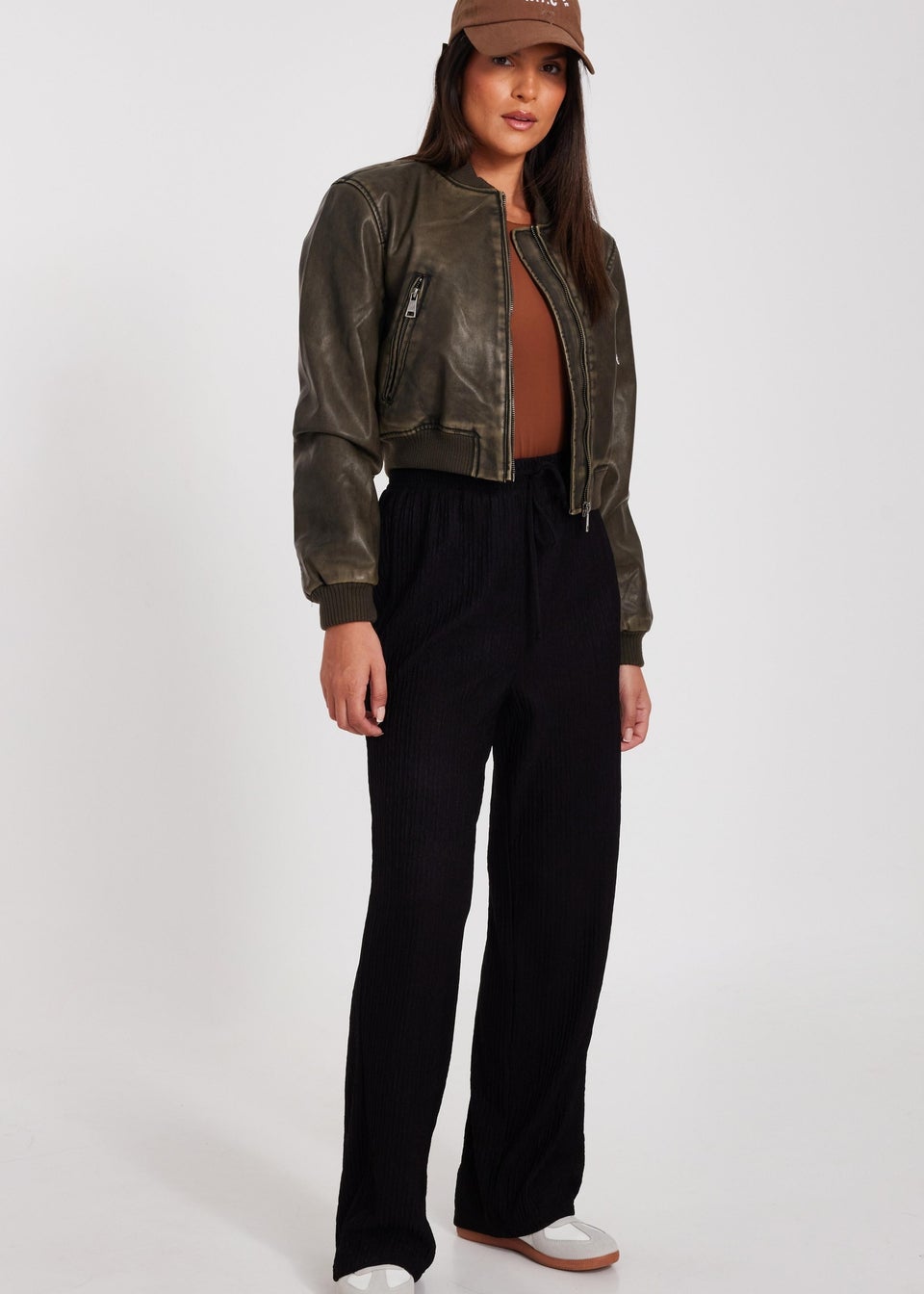 Quiz Khaki Faux Leather Bomber Jacket