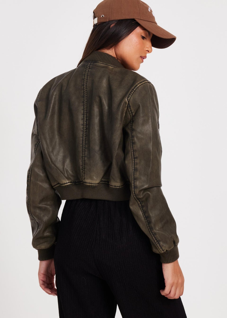 Quiz Khaki Faux Leather Bomber Jacket