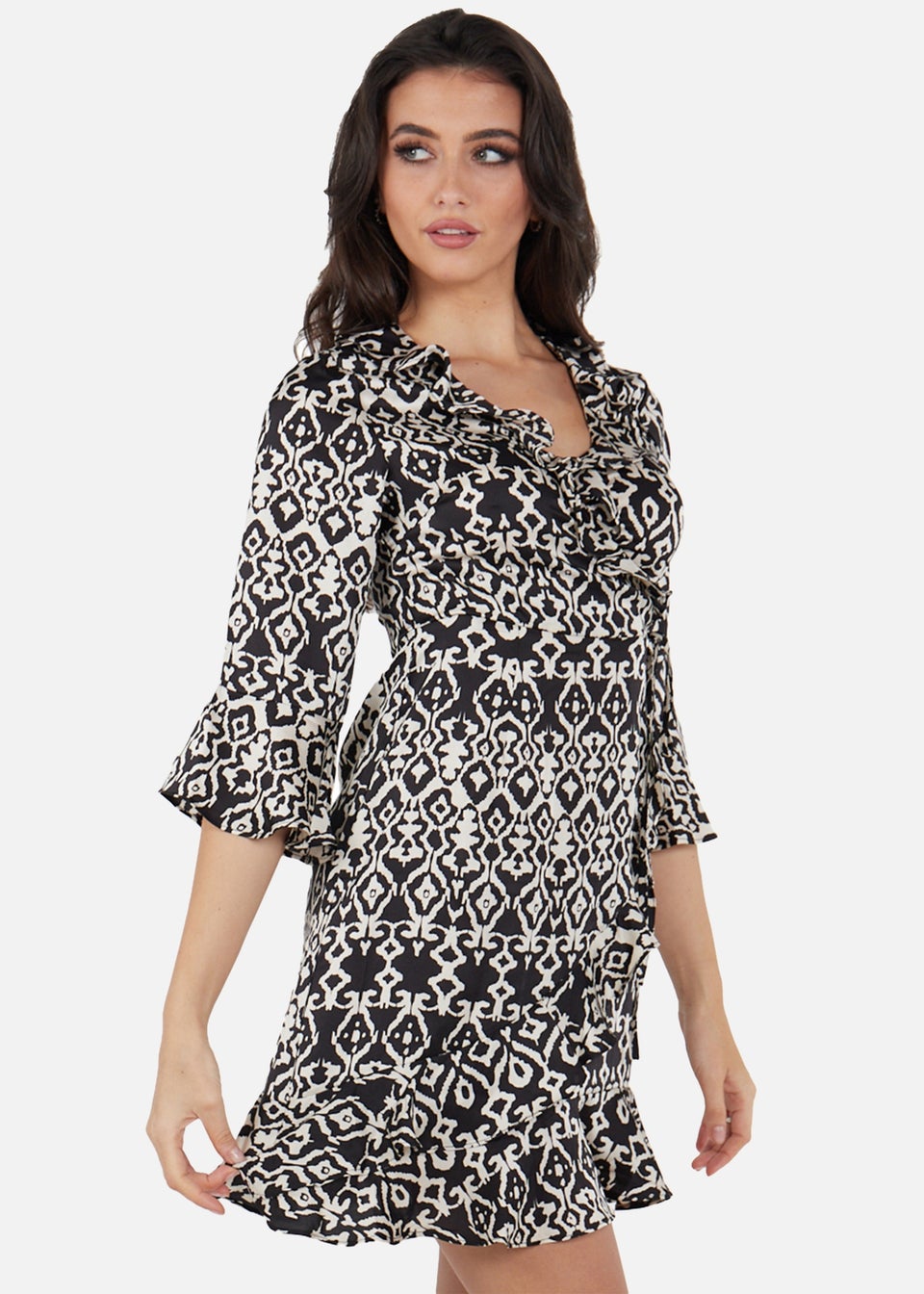 Gini London Black Frill Detailed Bell Sleeves Mini Wrap Dress