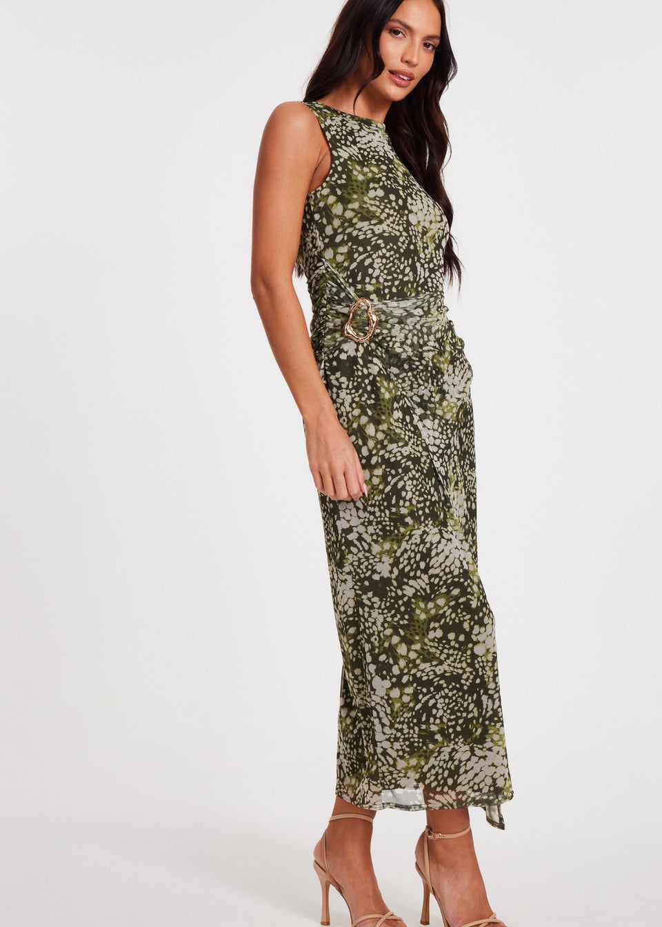 Quiz Khaki Mesh Animal Print Midaxi Dress
