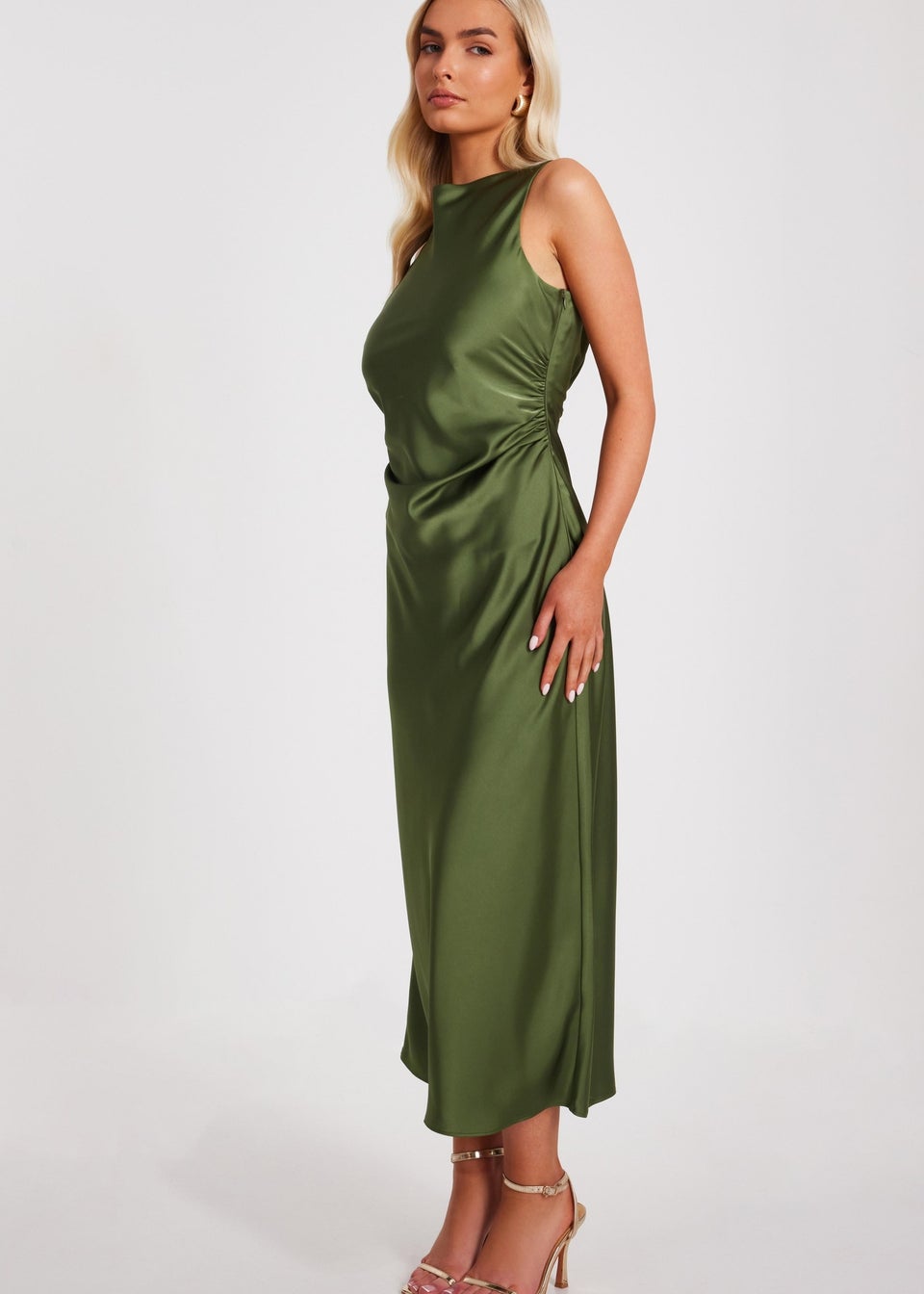 Quiz Khaki Satin Ruched Midi Dress