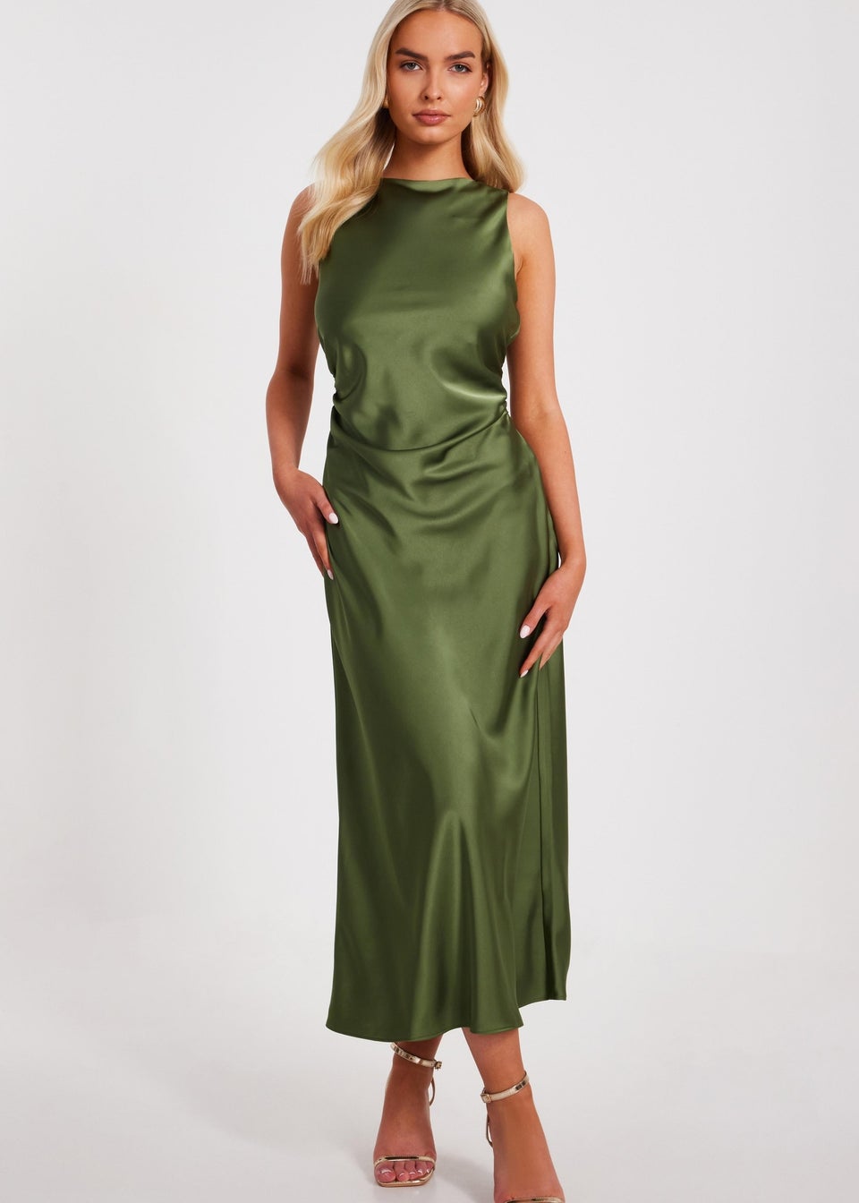 Quiz Khaki Satin Ruched Midi Dress