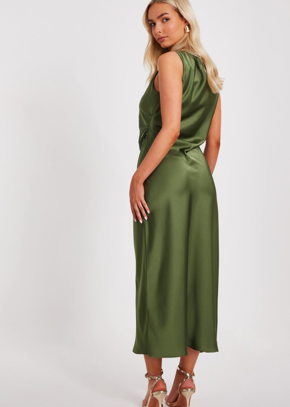 Quiz Khaki Satin Ruched Midi Dress