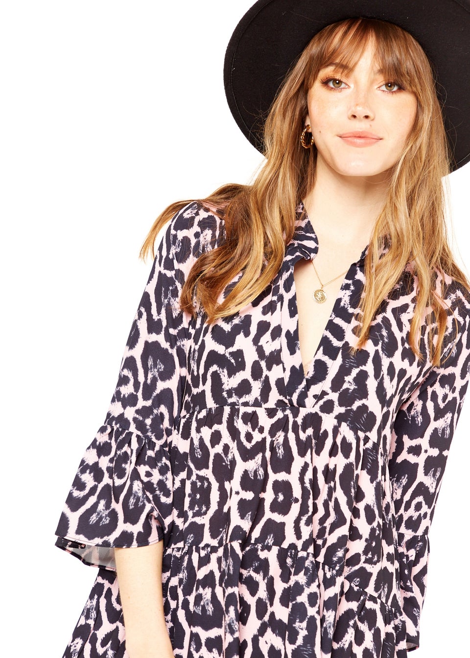 Gini London Pink Animal Print Smock Oversized Tiered Mini Dress