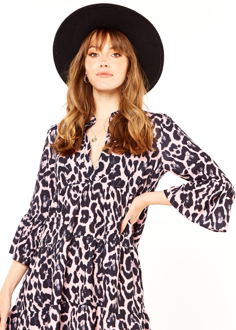Gini London Pink Animal Print Smock Oversized Tiered Mini Dress