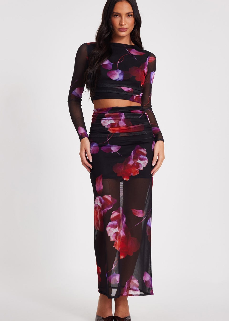 Quiz Black Floral Mesh Maxi Skirt