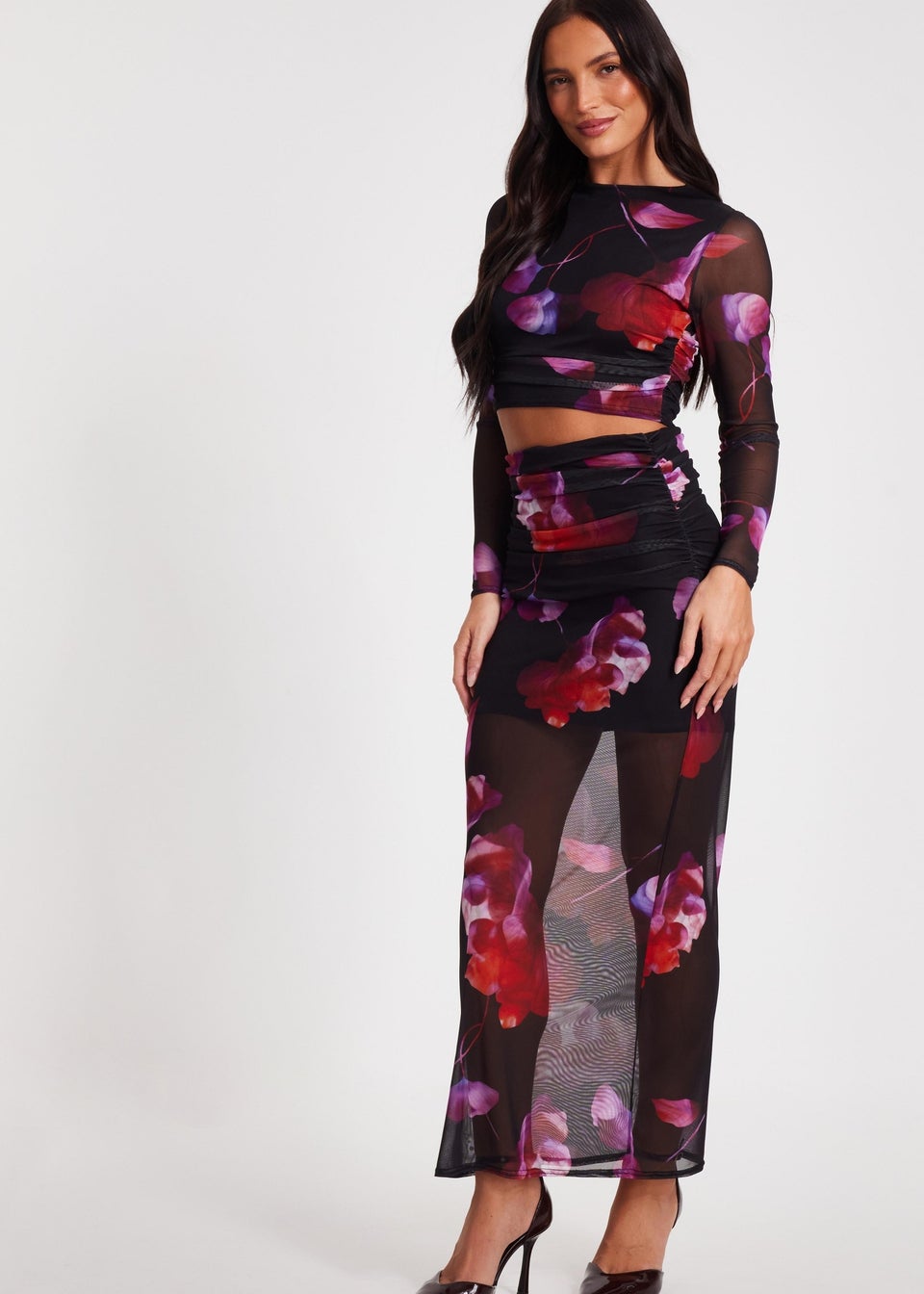 Quiz Black Floral Mesh Crop Top