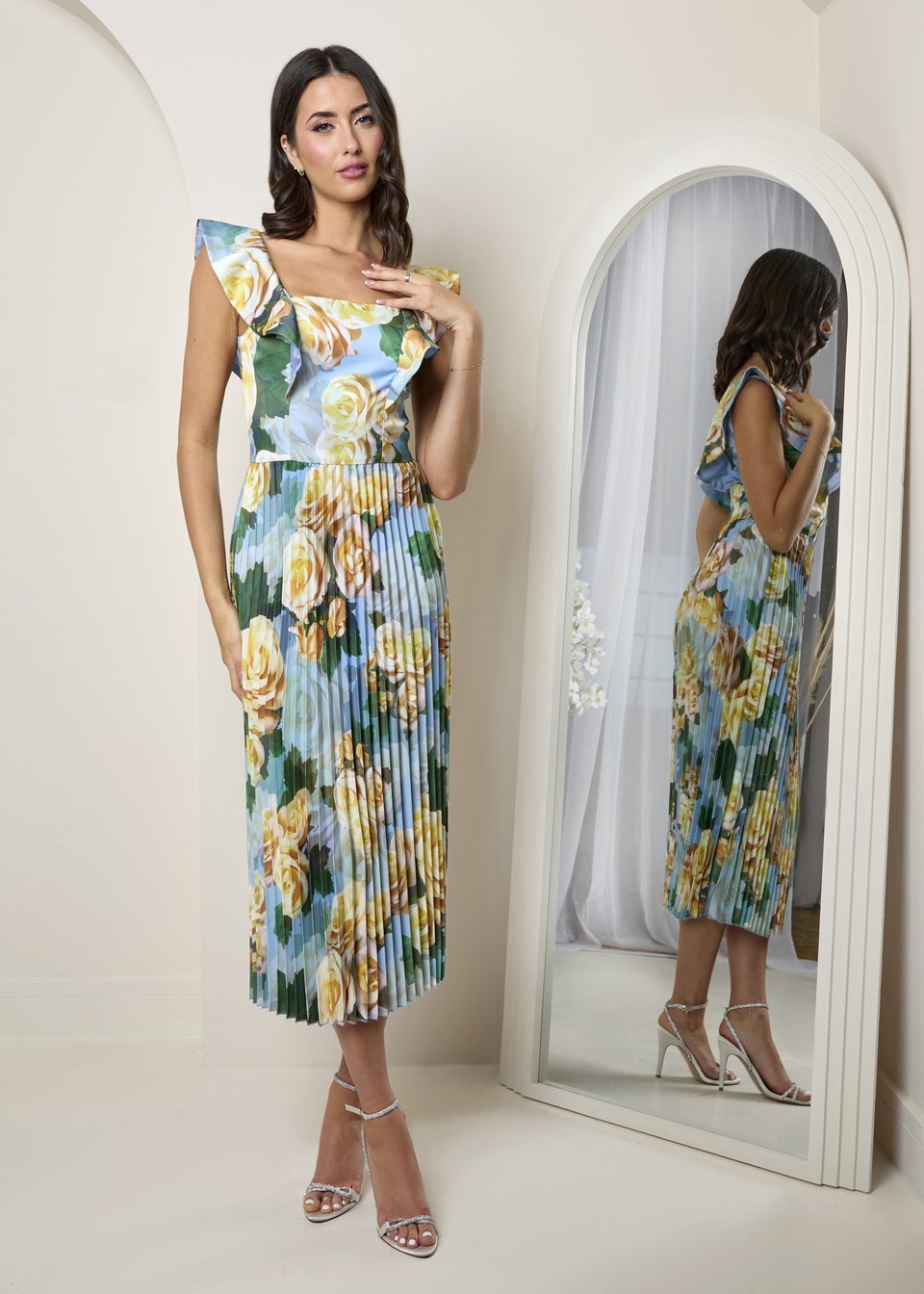 Chi Chi London Blue Floral Print Ruffle Pleated Midi Dress