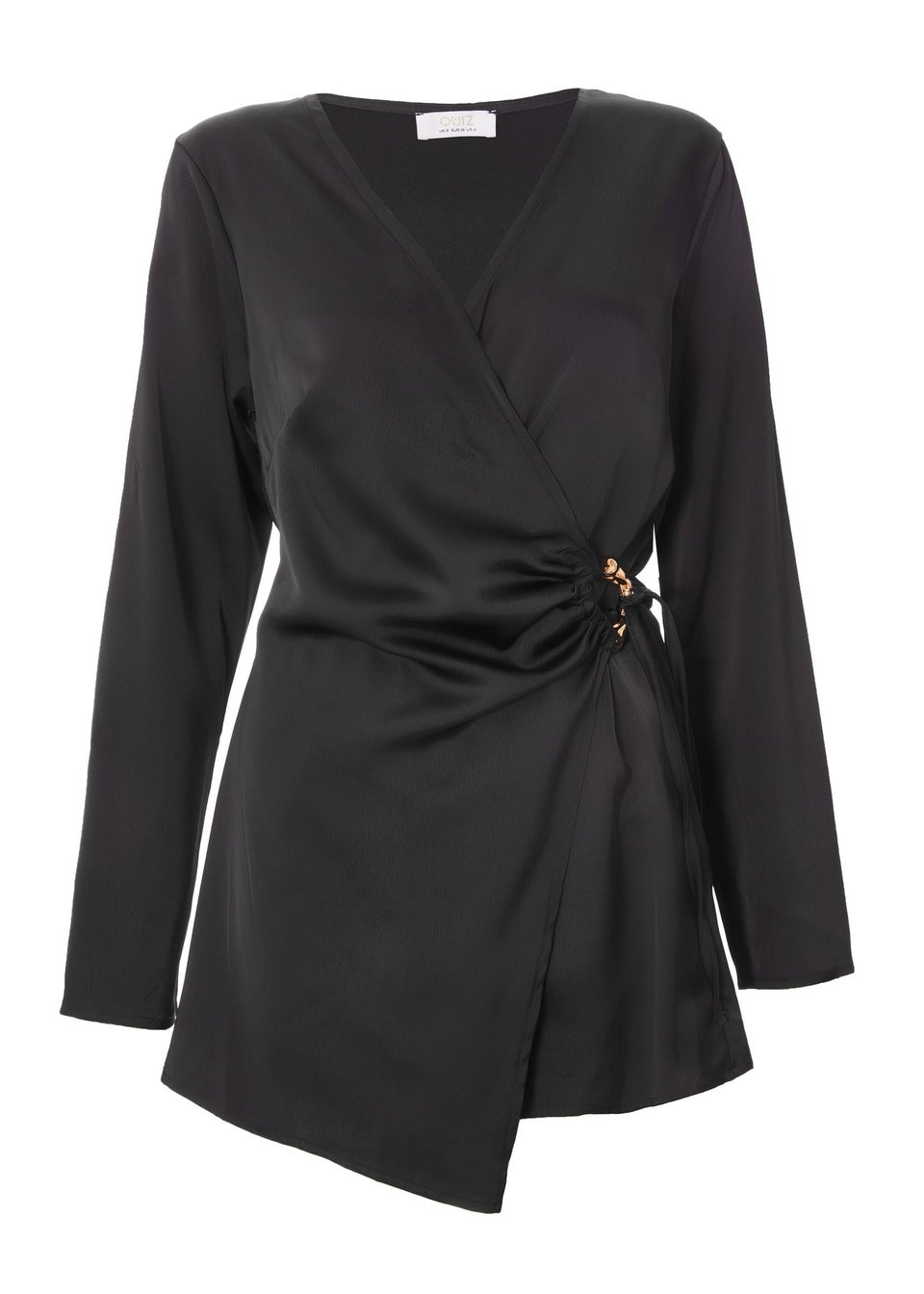 Quiz Black Satin Wrap Playsuit