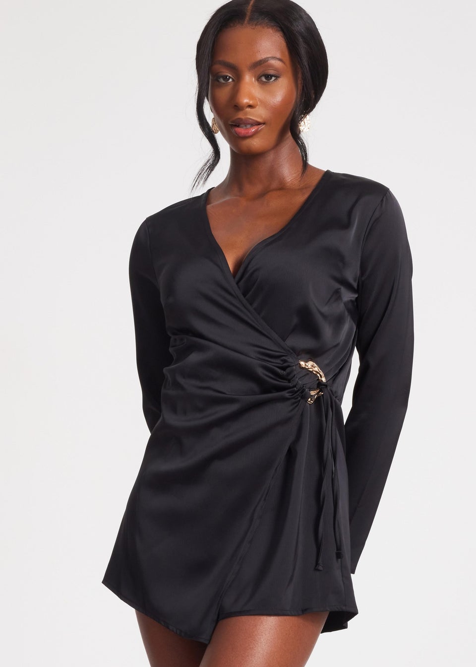 Quiz Black Satin Wrap Playsuit
