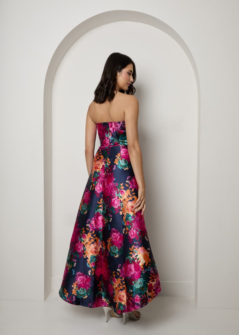 Chi Chi London Navy Bandeau Sweetheart Floral Wrap Detail Dip Hem Dress