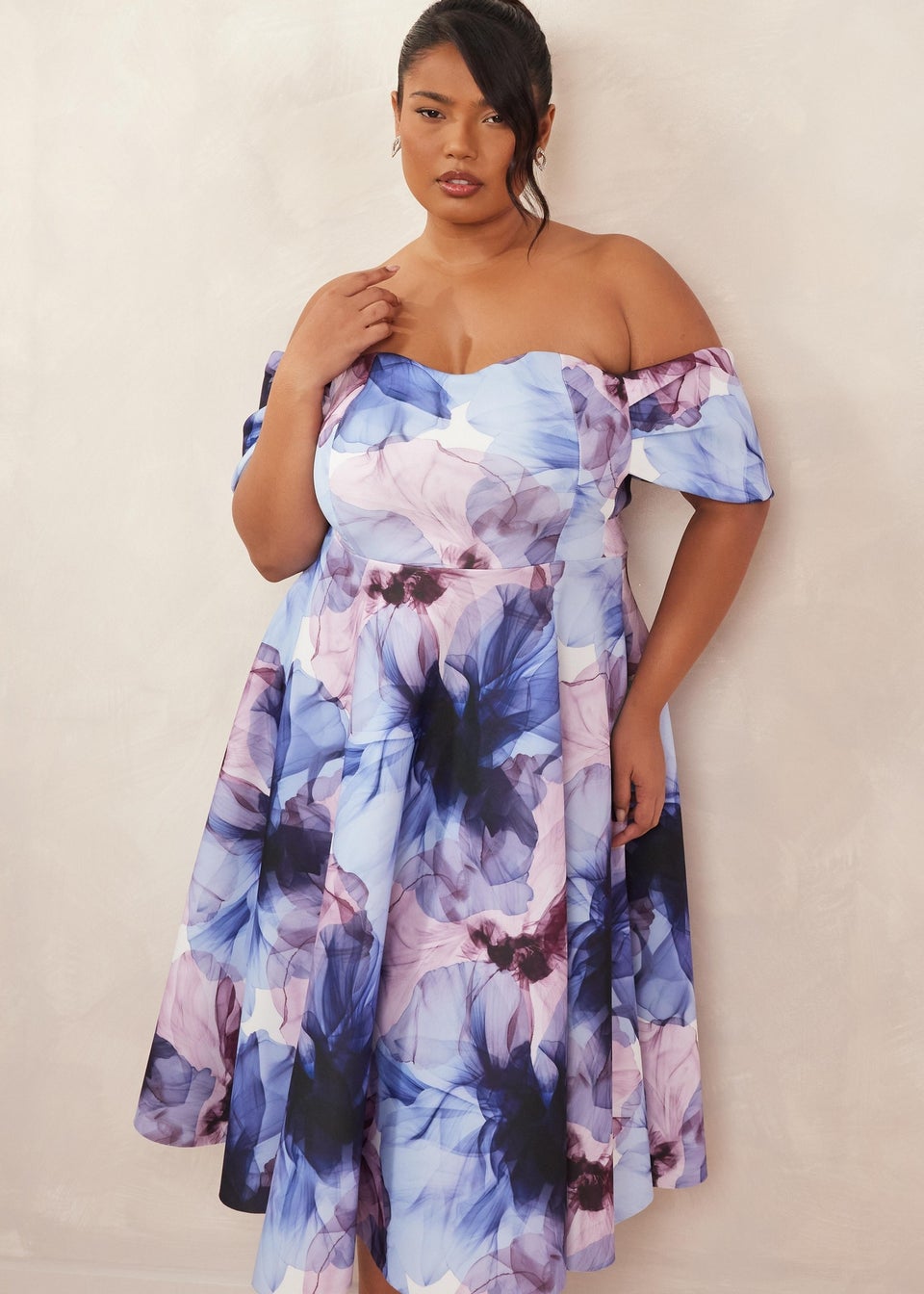 Quiz Blue Curve Floral Bardot Midi Dress