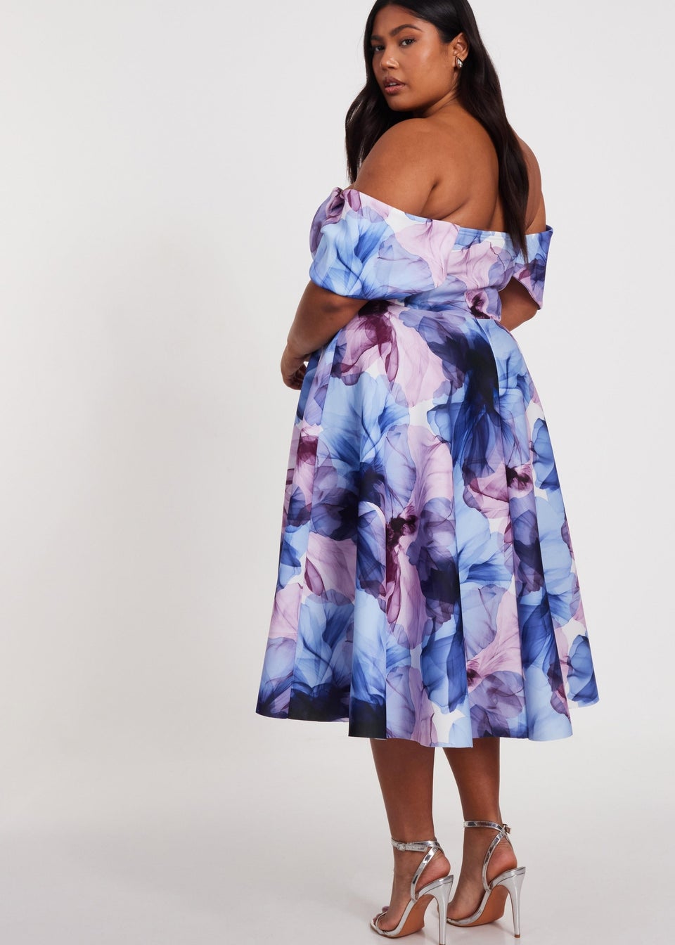 Quiz Blue Curve Floral Bardot Midi Dress
