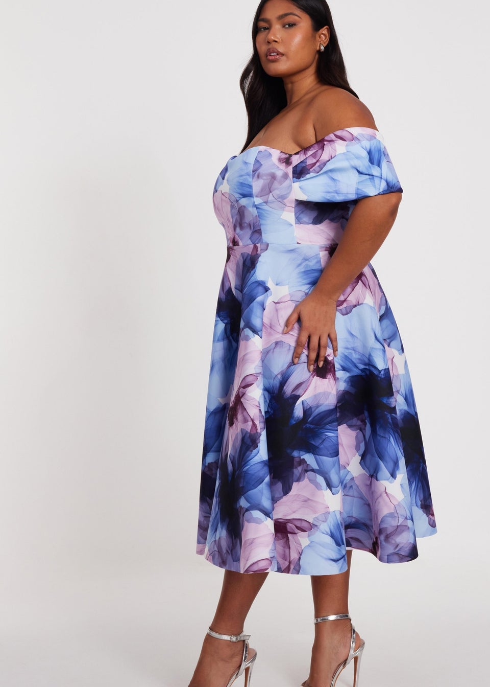 Quiz Blue Curve Floral Bardot Midi Dress