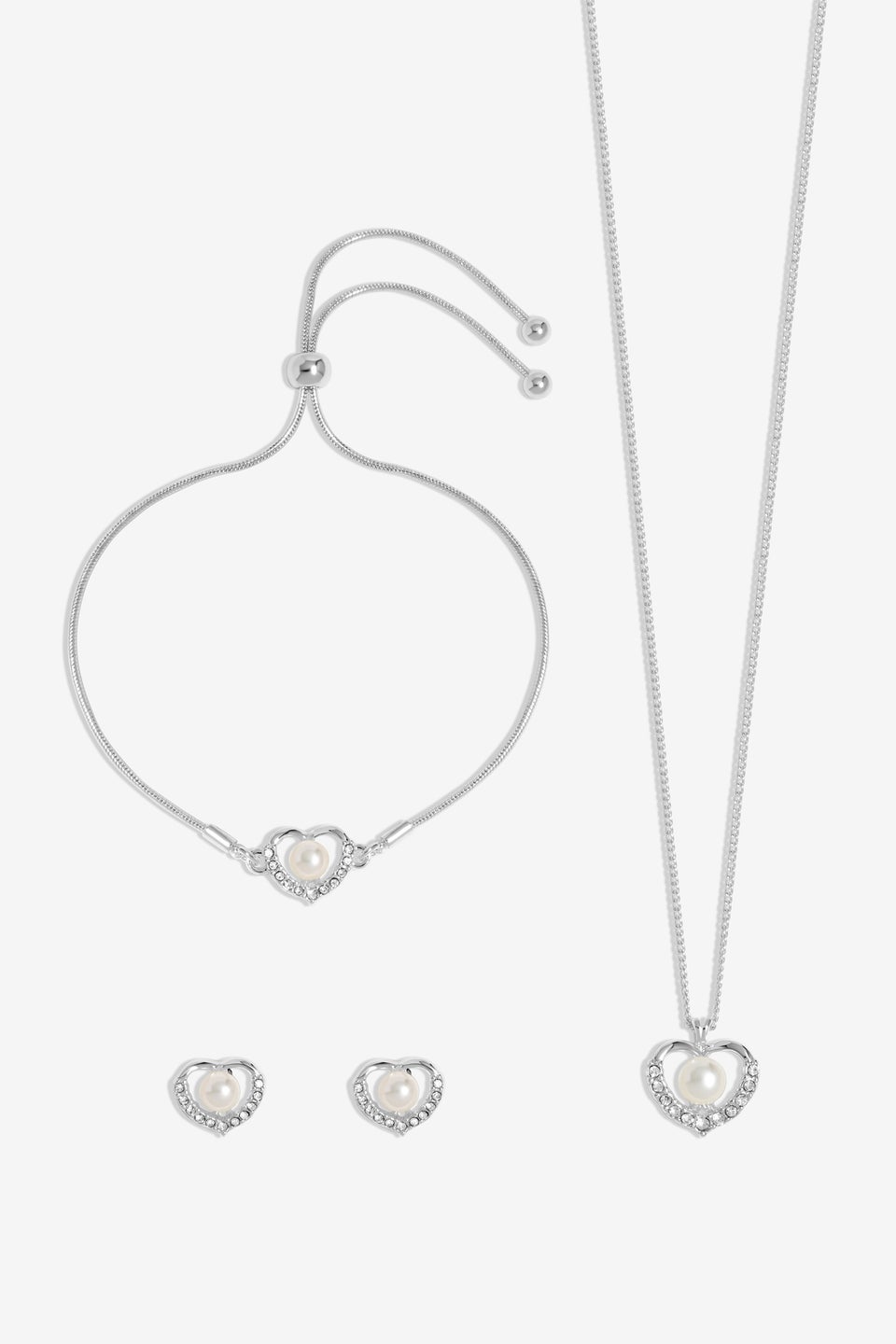 Jon Richard Silver Plated Pearl And Crystal Heart Trio Set Gift Boxed