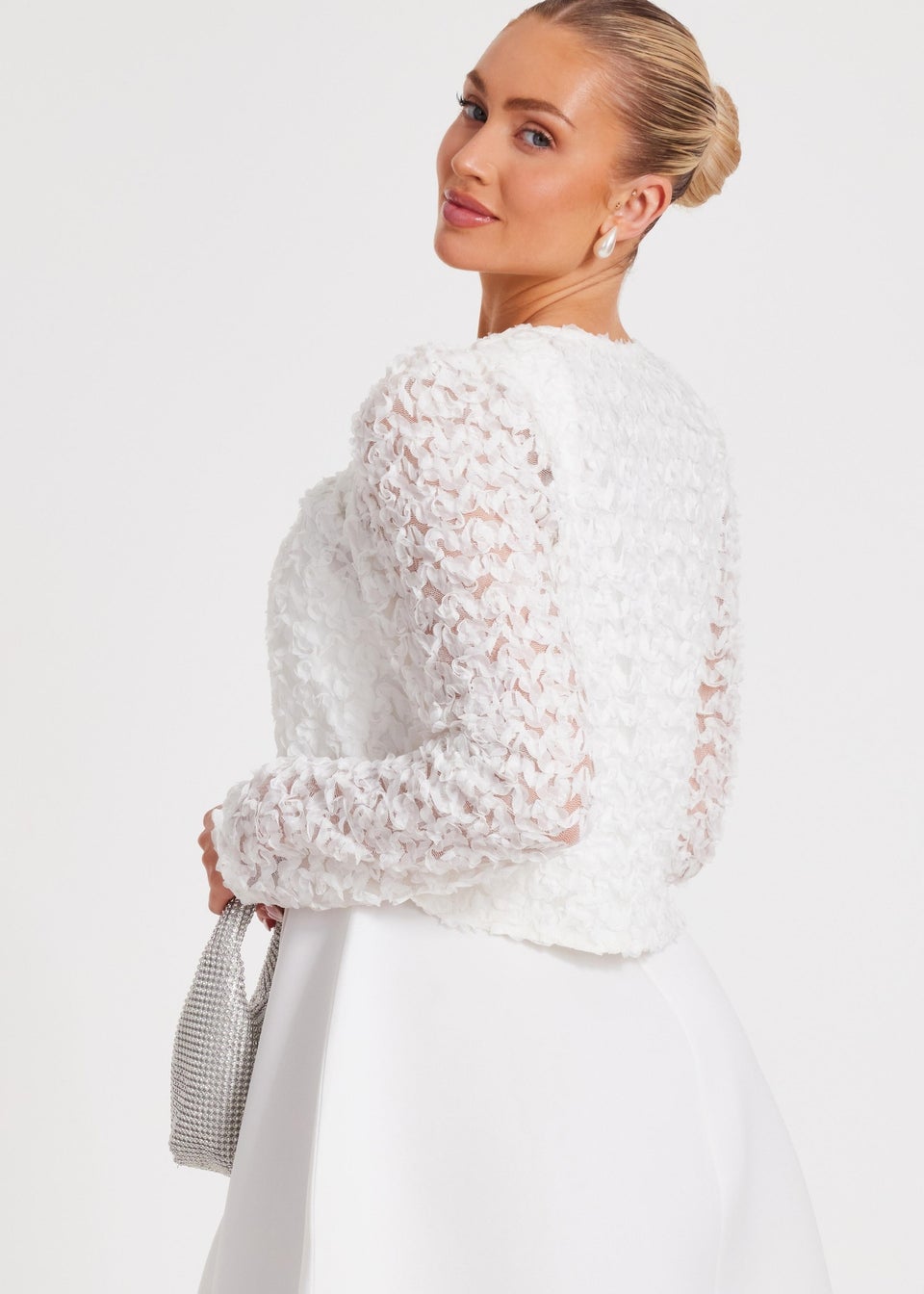 Quiz Cream Chiffon Floral Cropped Jacket
