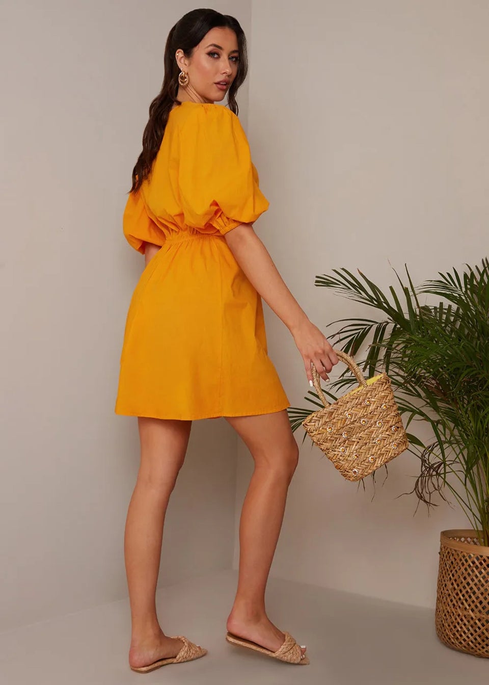 Chi Chi London Orange Ring Front Puff Sleeve Mini Dress