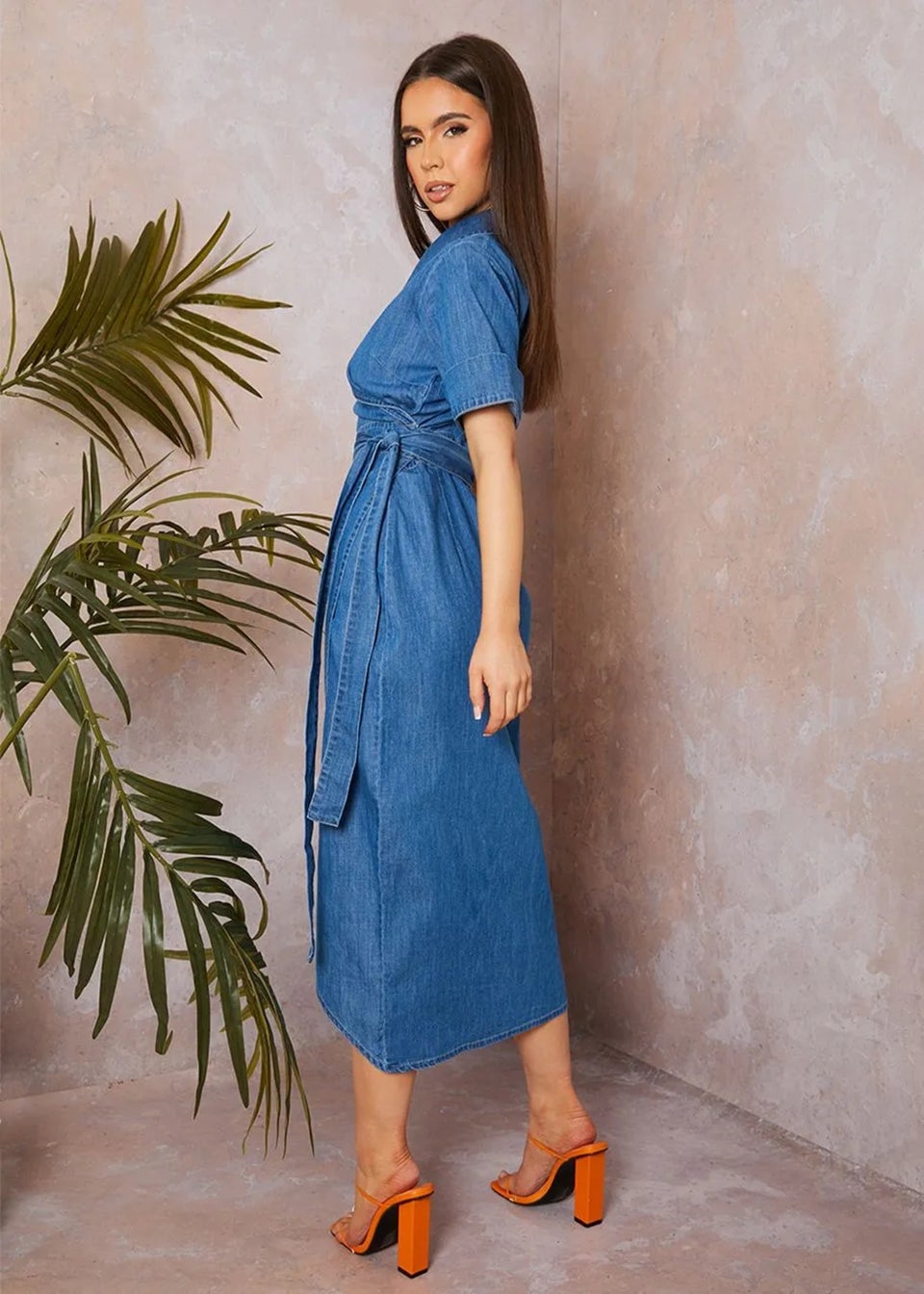 Chi Chi London Blue Short Sleeve Denim Wrap Midi Dress