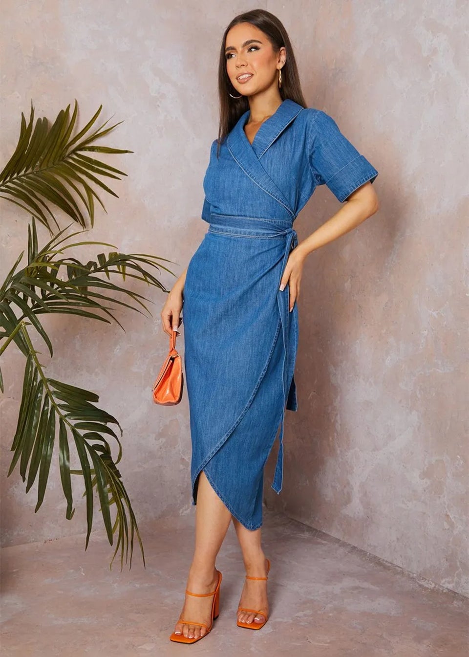 Chi Chi London Blue Short Sleeve Denim Wrap Midi Dress
