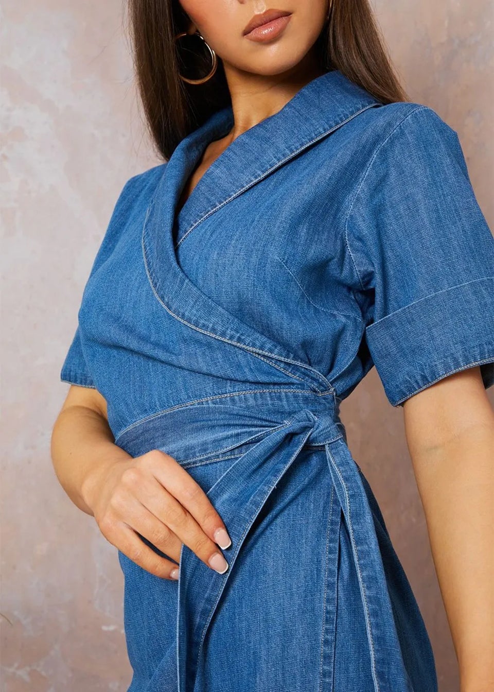 Chi Chi London Blue Short Sleeve Denim Wrap Midi Dress