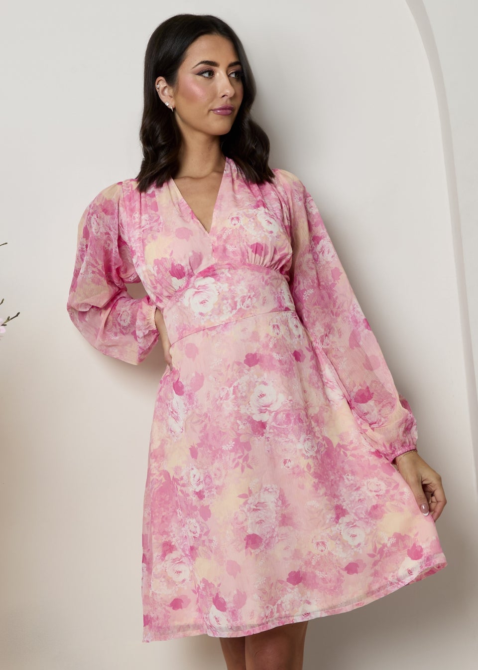 Chi Chi London Pink Plus Size Long Sleeve Floral Mini Dress