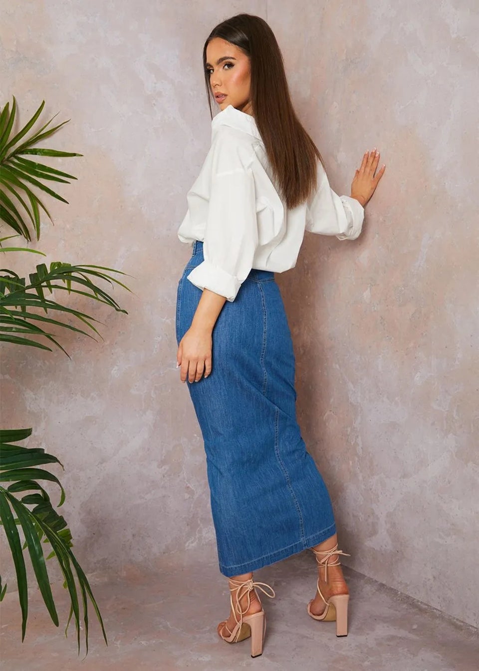 Chi Chi London Blue Split Hem Demin Maxi Skirt