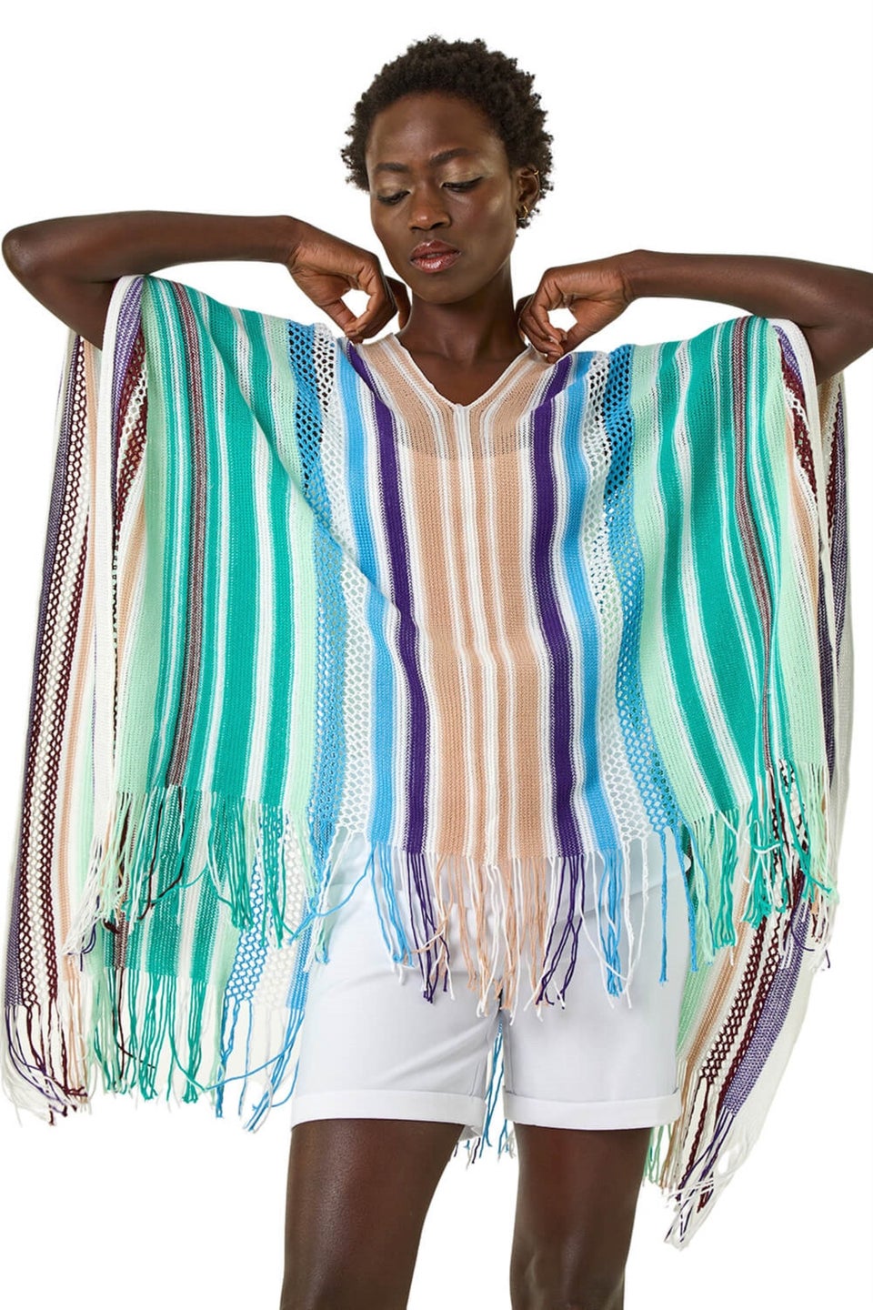 Roman Aqua Multi Stripe Knit Poncho