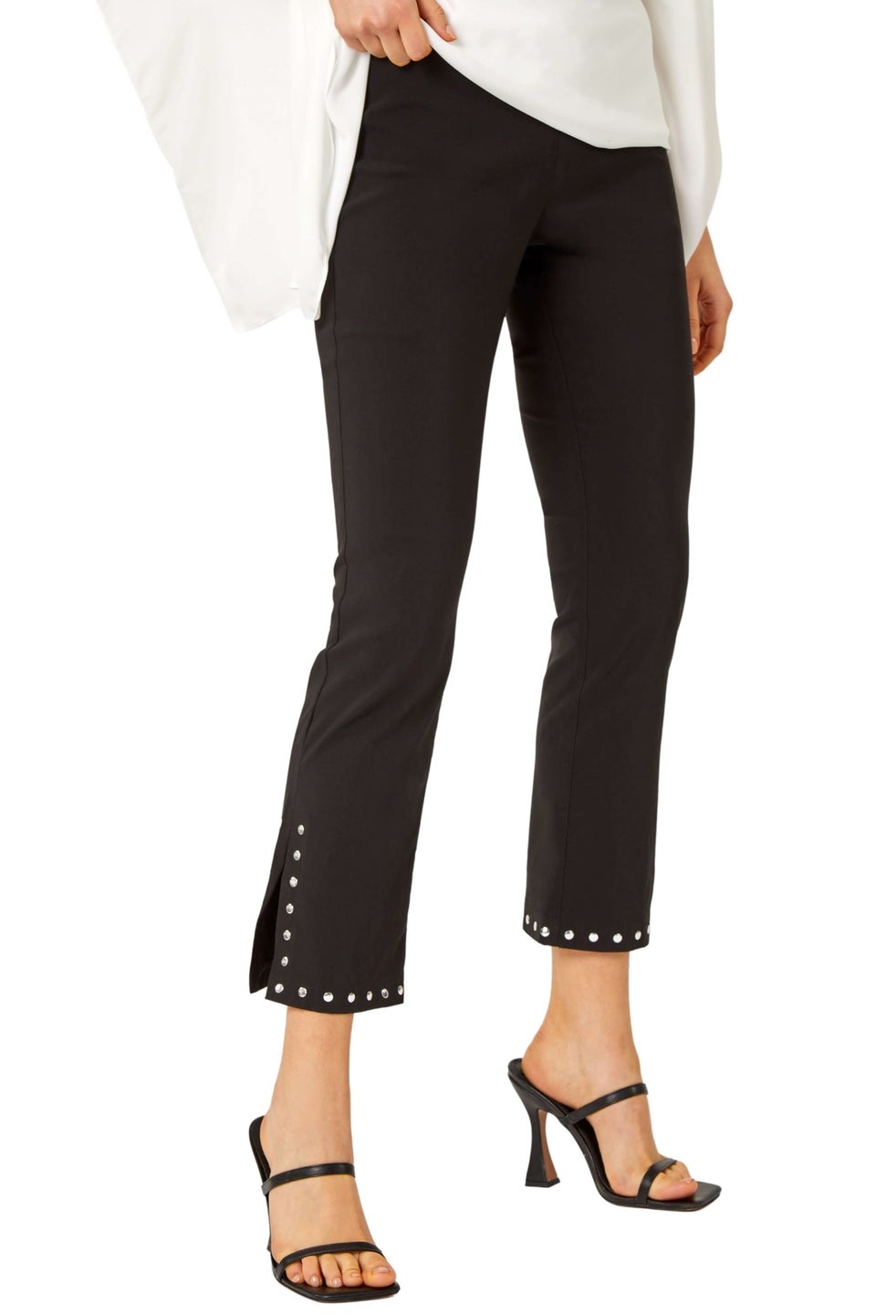 Roman Black Elastic Waist Stud Detail Cropped Trouser