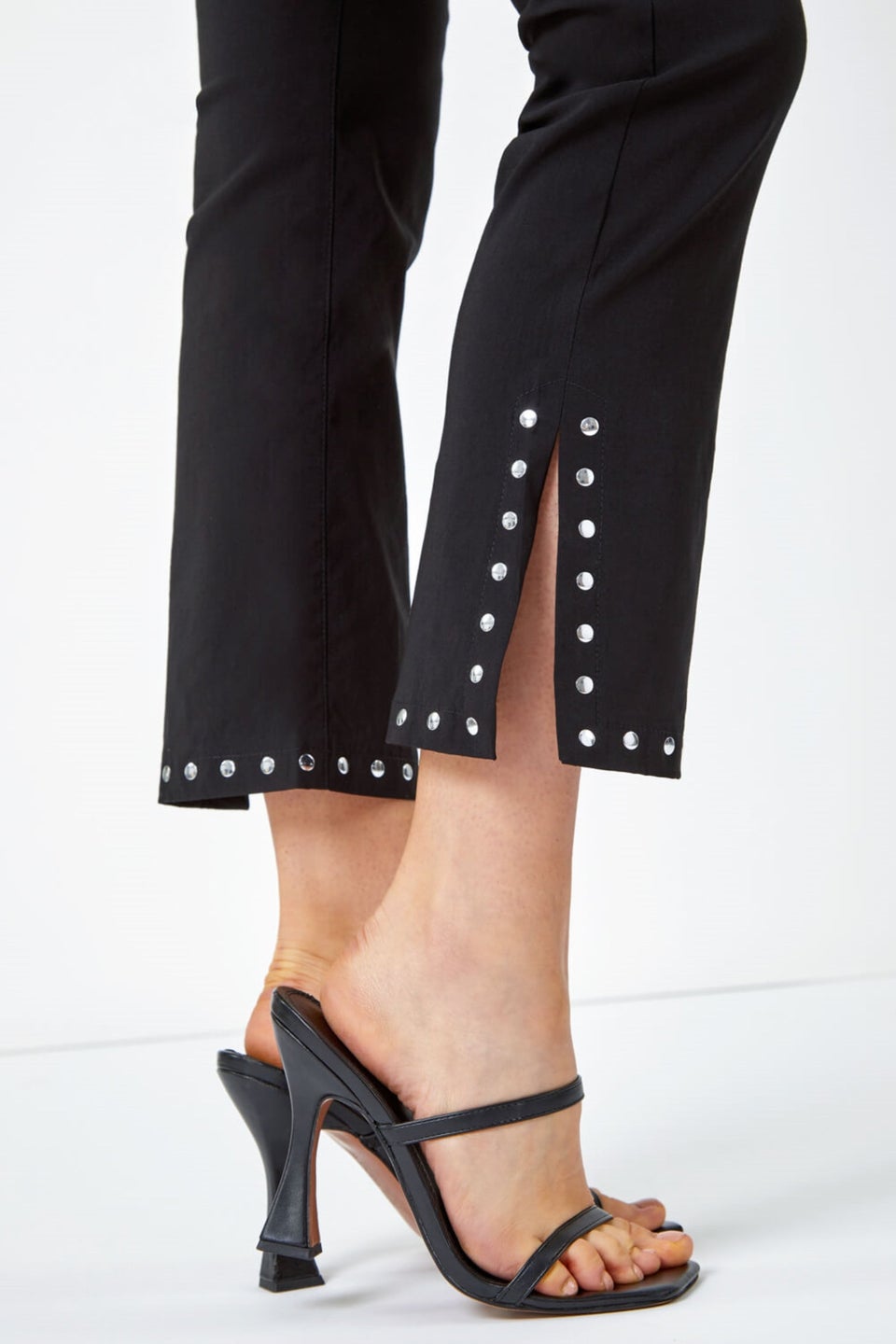 Roman Black Elastic Waist Stud Detail Cropped Trouser