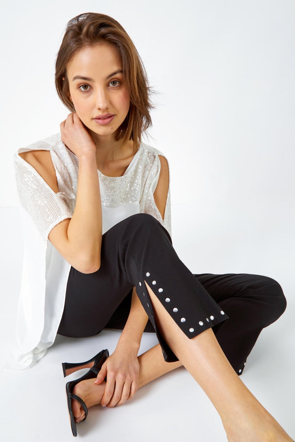Roman Black Elastic Waist Stud Detail Cropped Trouser