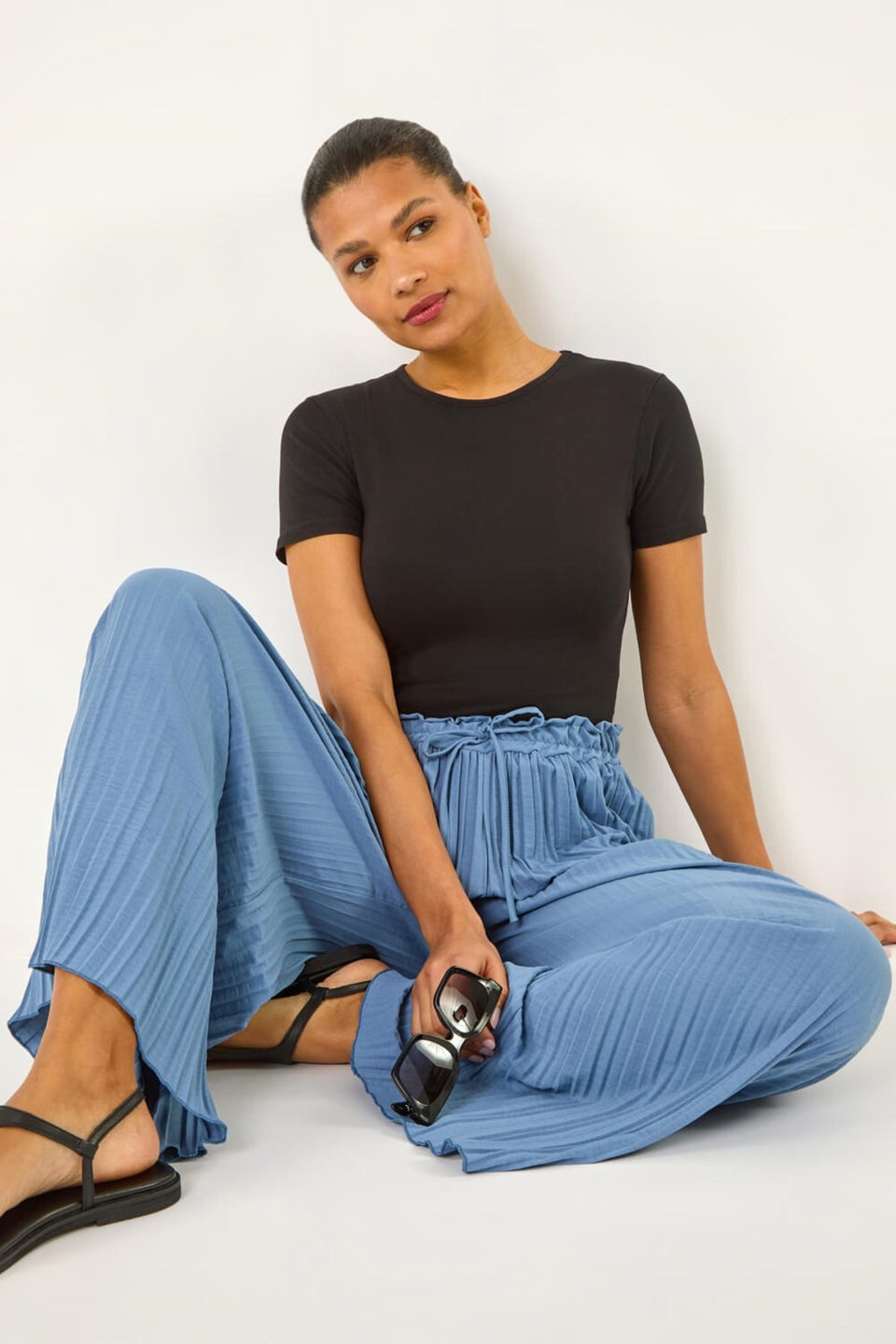 Roman Denim Pleated Wide Leg Stretch Culottes