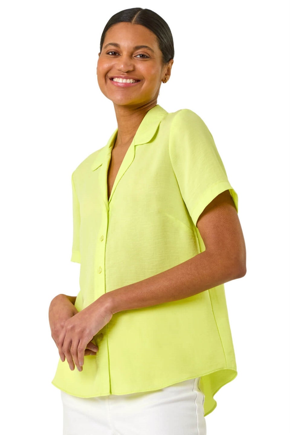 Roman Light Yellow Collared Short Sleeve Blouse