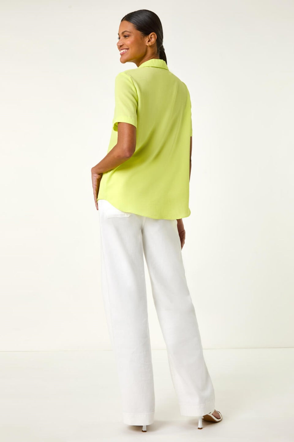 Roman Light Yellow Collared Short Sleeve Blouse