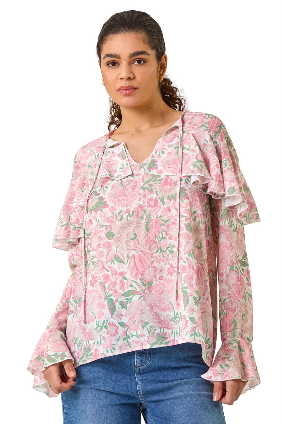 Roman Pink Floral Print Tie Front Top