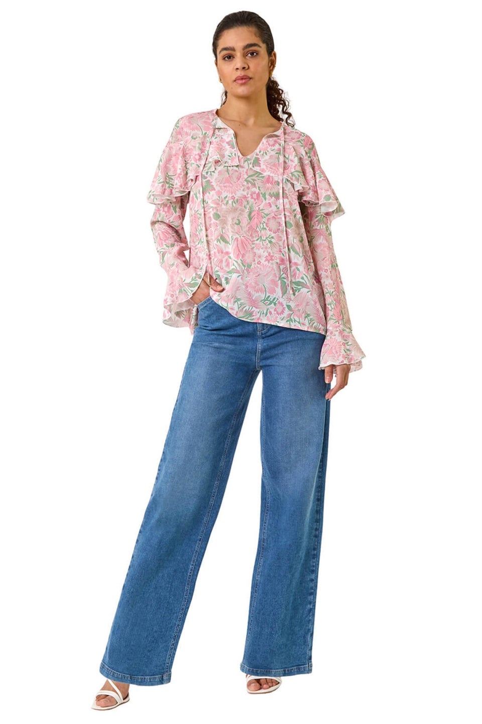 Roman Pink Floral Print Tie Front Top
