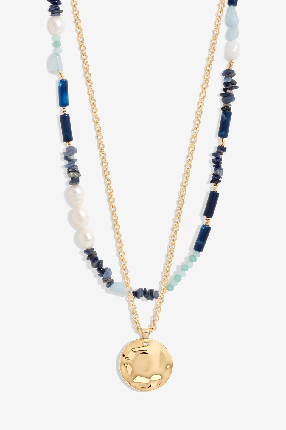 Mood Gold Blue Bead & Molten Disc Layered Necklace Pack Of 2