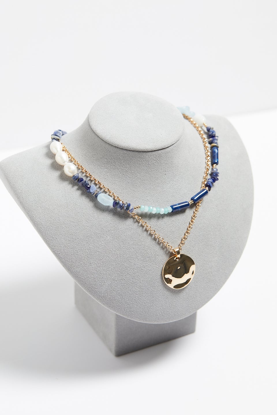 Mood Gold Blue Bead & Molten Disc Layered Necklace Pack Of 2