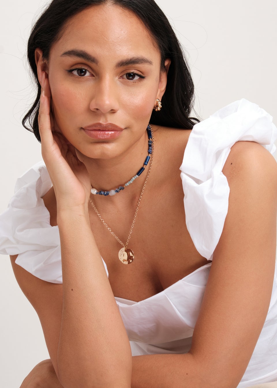 Mood Gold Blue Bead & Molten Disc Layered Necklace Pack Of 2