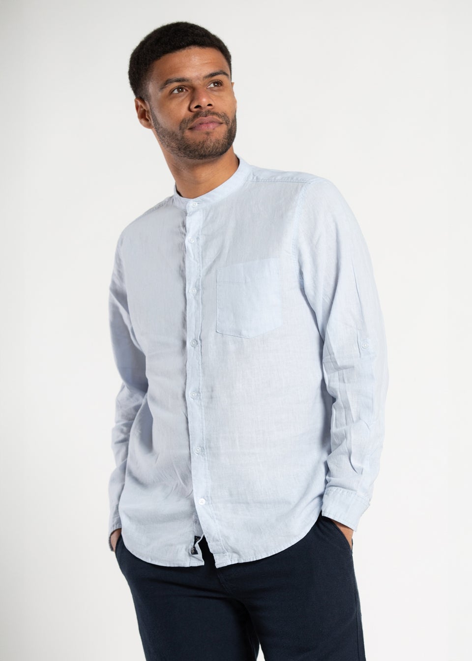 Tokyo Laundry Blue Linen Blend Button Up Shirt With Grandad Collar