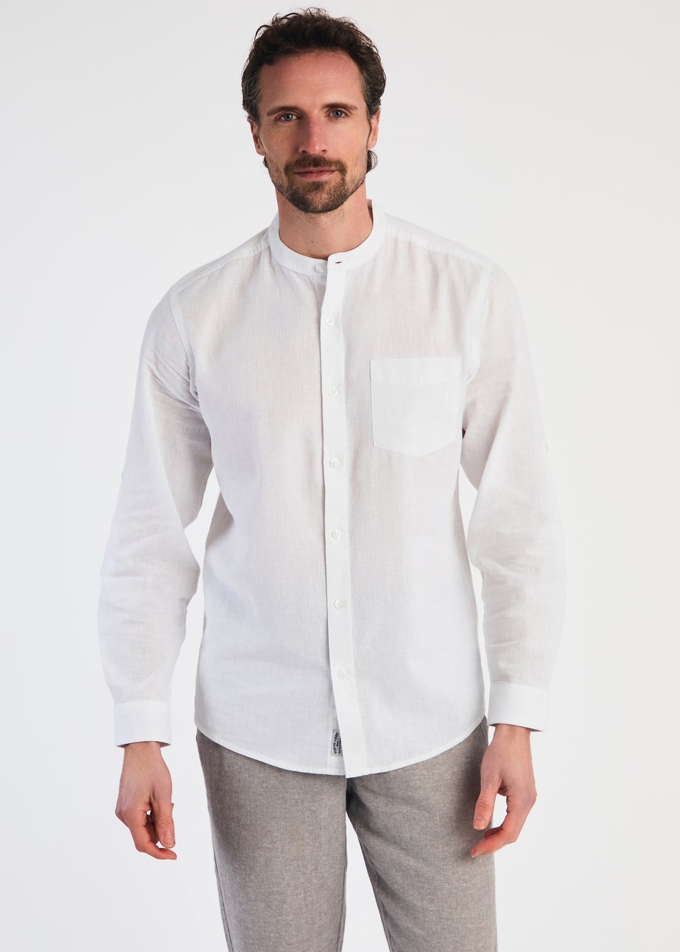 Tokyo Laundry White Linen Blend Button Up Shirt With Grandad Collar