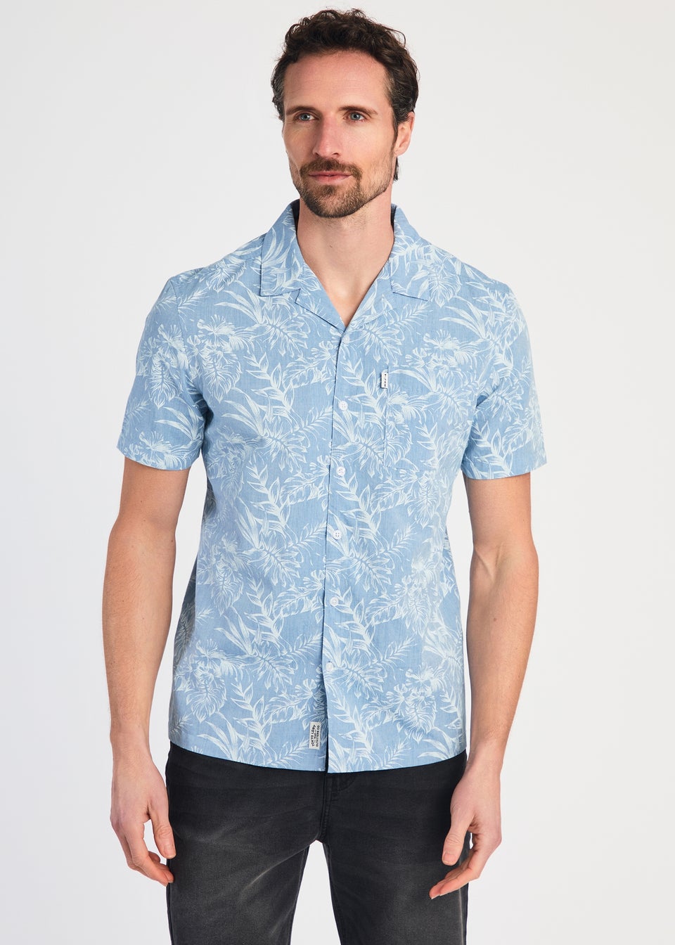 Tokyo Laundry Blue Cotton Printed Chambray Short Sleeve Shirt